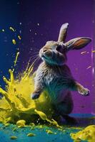 A rabbit leaps through a vibrant splash of yellow paint against a colorful background. photo