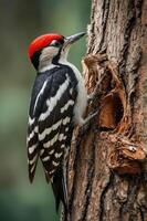 A woodpecker with a red cap pecks at a tree trunk near its nest hole. photo