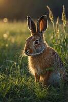 A close-up of a rabbit sitting in a grassy field during golden hour. photo