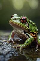 A close-up of a vibrant green frog with striking orange eyes, resting on a wet surface. photo