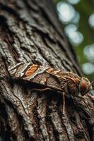 A close-up of a brown and orange moth resting on a textured tree trunk. photo