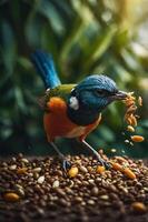 A colorful bird forages among seeds, showcasing nature's beauty and wildlife interaction. photo
