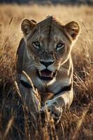 A lioness prowls through tall grass, showcasing its powerful presence in the wild. photo