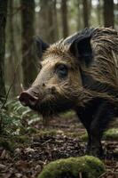 A wild boar stands in a forest, surrounded by trees and foliage. photo