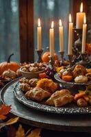 A festive table setting with autumn foods, candles, and decorative elements for celebration. photo