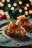 Elegant smoked salmon on toast garnished with dill, perfect for festive gatherings. photo