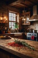 A rustic kitchen scene with herbs and spices on a wooden table, evoking culinary creativity. photo