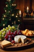 A festive cheese platter with grapes, nuts, and a Christmas tree in the background. photo