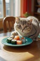 A curious cat inspects a plate of sushi on a wooden table in a cozy setting. photo