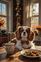 A dog in a bow tie sits at a table with a cup and a plate of food, surrounded by autumn decor. photo