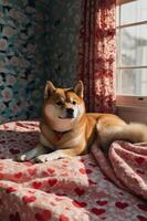 A Shiba Inu resting on a heart-patterned blanket by a sunny window. photo