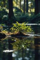 A serene water scene with lush greenery reflecting in the calm surface. photo