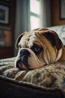 A close-up of a relaxed bulldog resting on a patterned cushion indoors. photo
