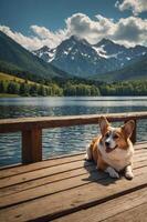 A corgi relaxing on a dock by a serene lake with mountains in the background. photo