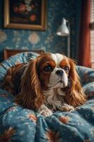 A Cavalier King Charles Spaniel resting on a floral-patterned blanket in a cozy room. photo