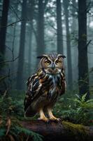 A majestic owl stands on a log in a misty forest, showcasing its striking features. photo
