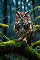 An owl perched on a moss-covered branch in a misty forest. photo