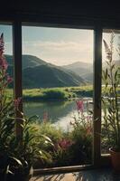 A serene view through a window showcasing lush hills, a river, and blooming plants. photo