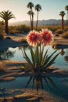 A serene desert scene featuring vibrant flowers beside a reflective pool and palm trees. photo