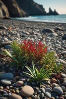 A vibrant cluster of plants on a pebble beach by the sea, showcasing nature's resilience. photo