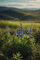 A vibrant display of blue flowers in a lush green landscape under a serene sky. photo