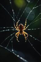 A close-up of a spider on its web, glistening with dew in soft natural light. photo
