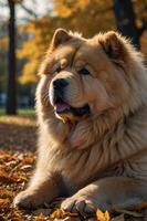 A fluffy Chow Chow dog lounging on autumn leaves in a park. photo