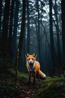 A fox stands in a misty forest, surrounded by trees and greenery. photo