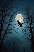 A silhouette of a bird flying against a full moon, framed by bare trees in a misty atmosphere. photo
