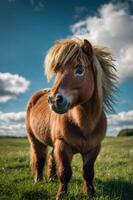 A cute pony stands in a grassy field under a blue sky with fluffy clouds. photo