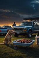 A dog sits beside a barbecue setup with a truck in a scenic outdoor setting. photo