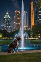 A dog sits by a fountain at night, with a city skyline illuminated in the background. photo