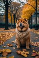 A fluffy chow chow dog sitting on a path covered with autumn leaves in a park. photo