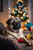 A pug resting on a cozy chair with a decorated Christmas tree in the background. photo