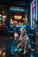 A Dalmatian dog enjoys an ice cream cone in a vibrant caf setting. photo