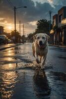 A joyful dog running through a wet street at sunset, creating splashes of water. photo