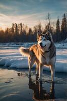 A husky stands in shallow water surrounded by snow and trees during sunset. photo