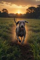 A dog joyfully runs through a grassy field at sunset, creating a lively and warm atmosphere. photo