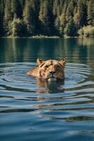 A lion swims in calm waters, surrounded by lush greenery and a serene landscape. photo