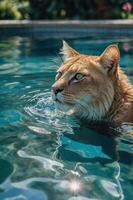 A majestic cat swimming in clear blue water, showcasing its fur and keen expression. photo