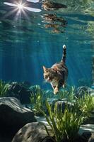 A cat swimming underwater amidst rocks and aquatic plants, illuminated by sunlight. photo