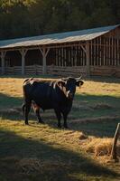 A black cow stands in a field near a barn, surrounded by hay and greenery. photo
