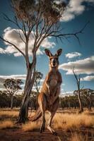 A kangaroo stands in a sunlit Australian landscape with trees and clouds in the background. photo