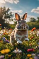 A rabbit joyfully leaps through a vibrant field of flowers under a sunny sky. photo