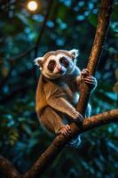 A close-up of a slow loris perched on a tree branch in a lush environment. photo