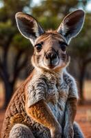 A close-up of a kangaroo in a natural setting, showcasing its features and habitat. photo