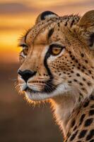 A close-up of a cheetah's face against a sunset backdrop, showcasing its striking features. photo