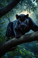A black panther poised on a tree branch in a misty jungle setting. photo