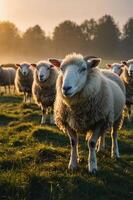 A serene scene of sheep grazing in a misty field at sunrise. photo