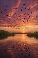 A serene sunset over a lake with flocks of birds flying across a colorful sky. photo